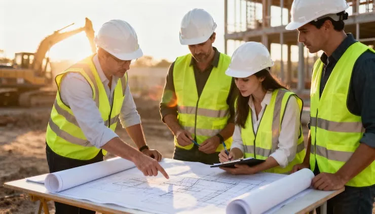 Construction workers review blueprints at job site.